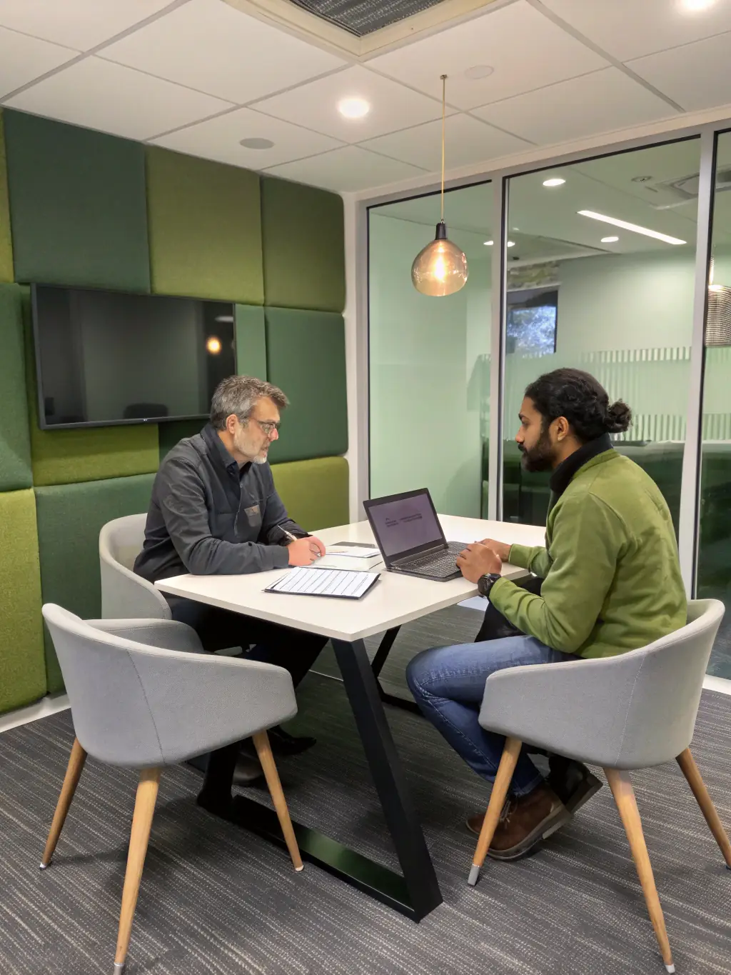 A person receiving positive feedback from a manager during a performance review, highlighting the importance of seeking and acting on feedback.