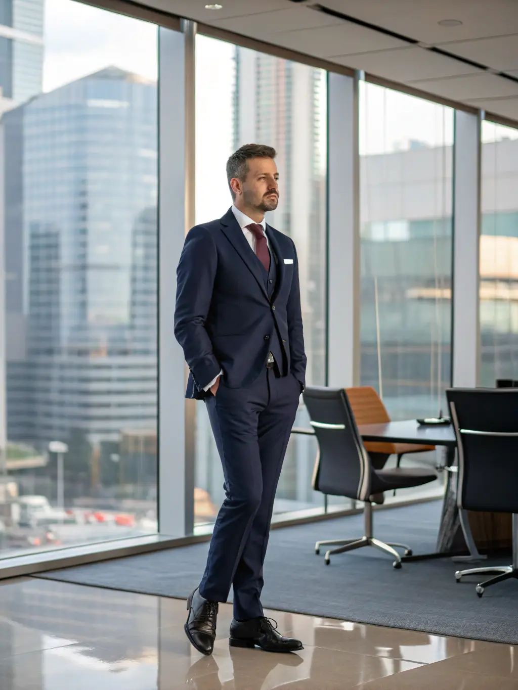 A professional in a business suit confidently striding forward, symbolizing career progression and ambition in a UK corporate environment.