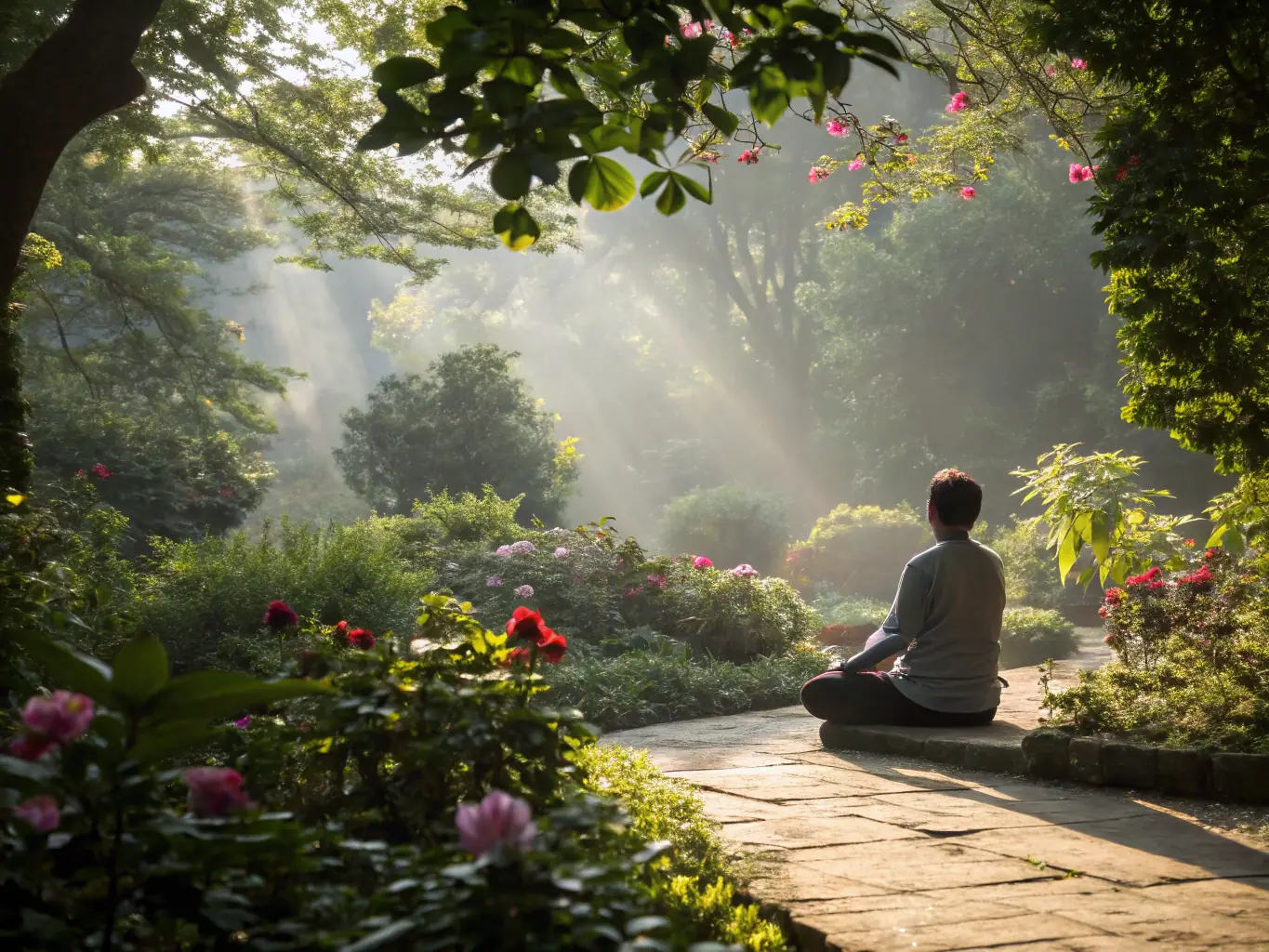 A person meditating in a peaceful environment, symbolizing Mindset Development.