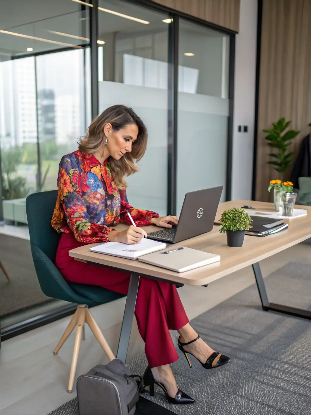 A person reviewing a detailed project plan with sticky notes, illustrating strategic planning and goal-setting in a business context.