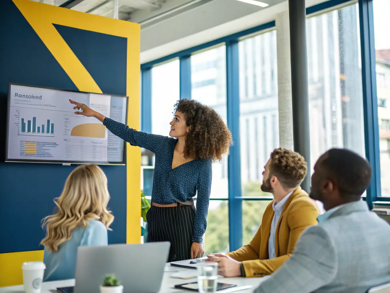 A professional woman confidently presenting a business strategy on a whiteboard to a team in a modern office setting, representing Strategic Planning.