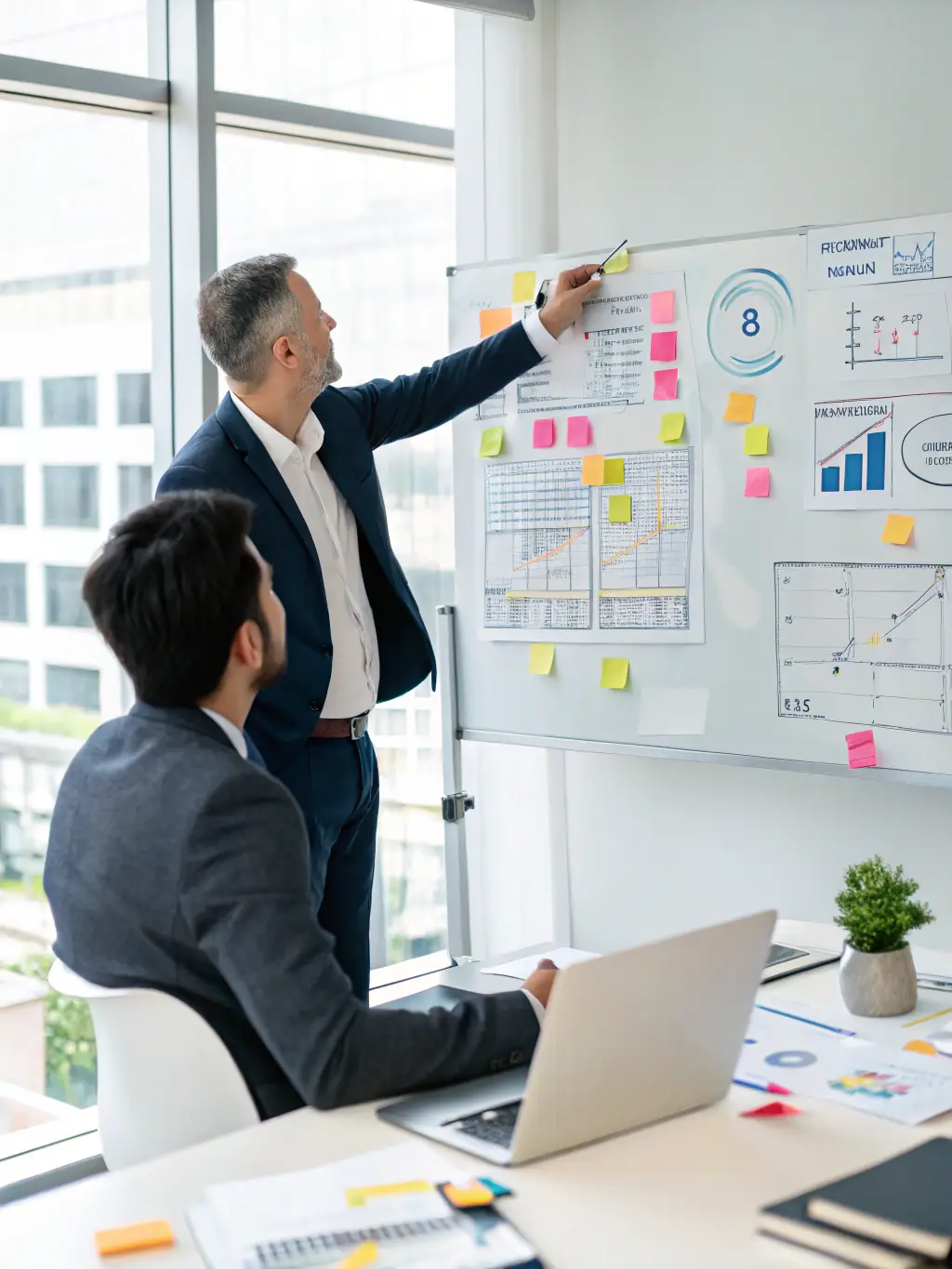 A professional business coach in a suit, smiling confidently while gesturing towards a whiteboard filled with strategic plans and growth charts, set in a modern office environment.