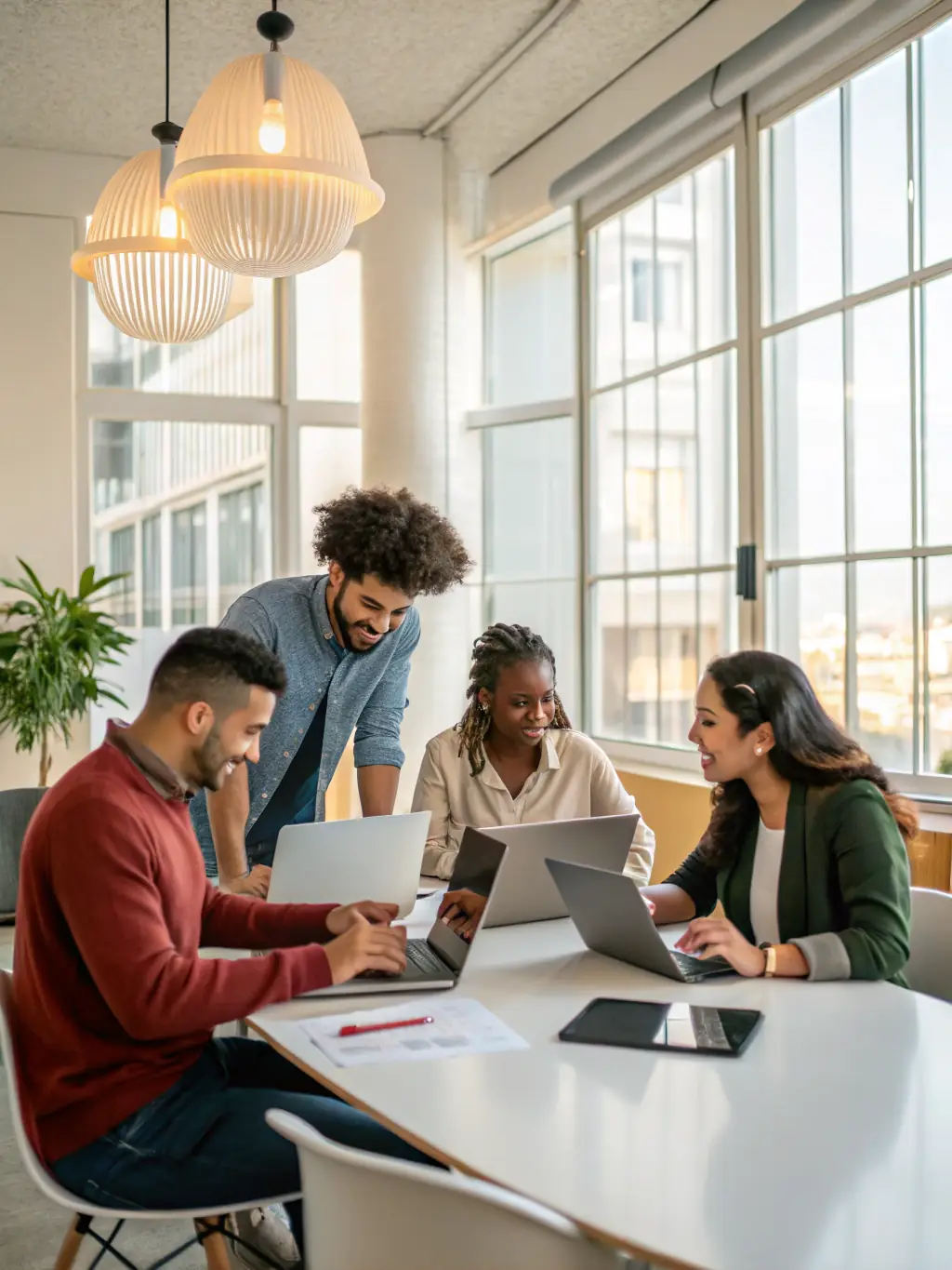 A diverse team of professionals collaborating around a table, brainstorming ideas and discussing innovative solutions, with a focus on leadership and teamwork.